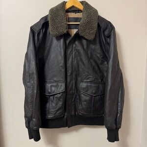 SOLD -St. John’s Bay (XL) brown black leather bomber faux fur flight jacket
